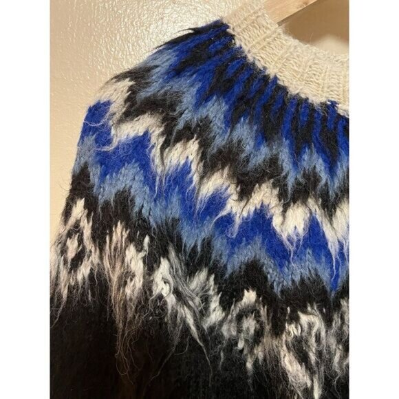Vtg Signature Imports Alpaca Fair Isle Cardigan Black Blue White Fuzzy Bolivia - Picture 6 of 16